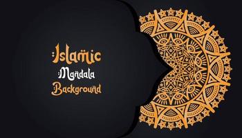 mandala, islamic bakgrund, lyx design. en svart bakgrund med en guld mönster den där säger islamic mandala bakgrund vektor