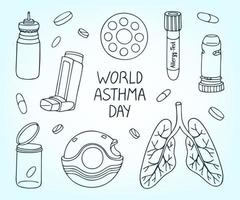 Welt Asthma Tag Gekritzel Satz. Vektor Illustration von Inhalatoren, Tabletten und Lunge isoliert auf Weiß Hintergrund. Bronchial Asthma Bewusstsein Design Elemente.