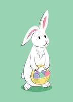 Weiß süß Ostern Hase mit Korb farbig Eier. isoliert Illustration auf Pastell- Grün Hintergrund. Karikatur Urlaub Vektor Charakter