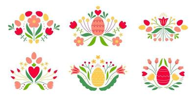 uppsättning av påsk mönster med färgad ägg och blommor. mall för affisch, hälsning kort, inbjudan eller vykort. vektor