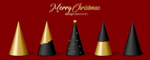 jul och ny år dekor. uppsättning av 3d realistisk gyllene och svart jul träd. vektor