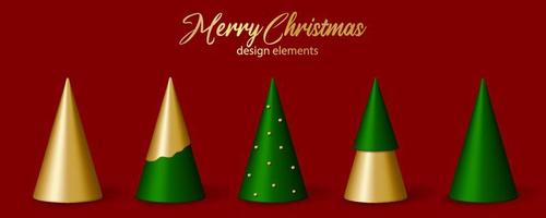 jul och ny år dekor. uppsättning av 3d tecknad serie gyllene och grön jul träd. vektor