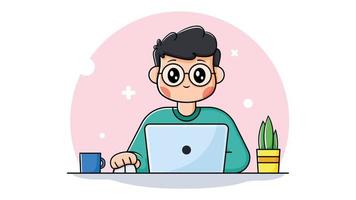 lächelnd Junge Arbeiten auf Laptop mit Kaffee Tasse und Pflanze. Konzept von online Bildung oder freiberuflich arbeiten. Vektor Illustration