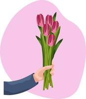 ein Strauß von Tulpen im Hand. das Hand hält ein Strauß von Tulpen. Vektor Illustration