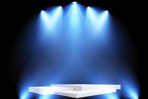 podium stå isolerat på transparent bakgrund. vit rektangel plint, pelare eller visa skede. vektor tömma pris- piedestal med blå projektor ljus strålar.
