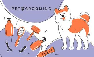 sällskapsdjur grooming. söt hund med annorlunda verktyg för djur- hår skötsel, frisyr, badning, hygien. sällskapsdjur vård salong vektor illustration för sällskapsdjur vård salong.