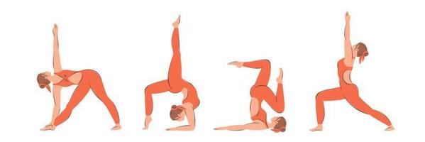 Yoga posiert Satz. Sammlung von Frau durchführen physisch Übungen. Charakter demonstrieren verschiedene Yoga Positionen isoliert auf Weiß Hintergrund. gesund Lebensstil Konzept. eben Vektor Illustration.