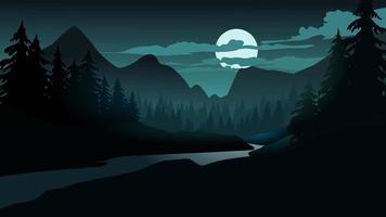 Vektor Illustration von schön Nacht Wald Landschaft mit voll Mond, Fluss und Berg