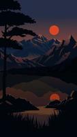 Vektor Illustration von Sonnenuntergang Landschaft Über Berg Angebot mit See voll Mond