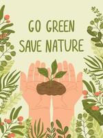 Lycklig jord dag spara natur. vektor eco illustration för social media, affisch, baner, kort, flygblad på de tema av sparande planet, mänsklig händer skydda jord