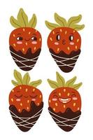 söt tecknad serie jordgubb frukt maskot, emoji uttryck uppsättning samling. rolig ansikte mat karaktär uttryckssymbol vektor illustration.