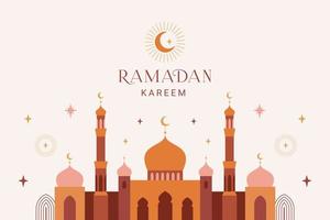 Ramadan kareem Banner, Karte, Poster Design. modern geometrisch minimalistisch Design mit Moschee, Halbmond, Sterne im das Himmel, Bögen Fenster. Vektor Illustration.