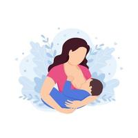 stillende illustration, mutter, die ein baby mit brust mit natur und blatthintergrund füttert. Konzept-Vektor-Illustration im Cartoon-Stil. vektor