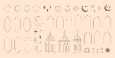 Sammlung von Elemente im das orientalisch Stil von Ramadan kareem und eid Mubarak, islamisch Fenster, Bögen, Sterne und Mond, Moschee Türen, Moschee Kuppeln und Laternen. vektor