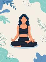 Meditation Konzept. ziemlich Yoga Frau im Lotus Pose. eben Karikatur Vektor Illustration.
