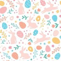 schön Hand gezeichnet Ostern nahtlos Muster mit Hasen, Kritzeleien, Blumen, Ostern Eier, schön Hintergrund. geeignet zum Ostern Karten, Banner, Textilien, Tapeten. Vektor Illustration.