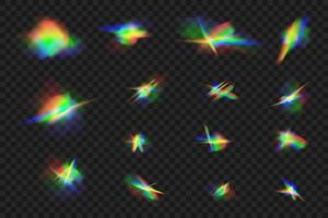 kristall och Smycken, prisma, lysa skarpt. regnbåge lysande pärlar vektor set.realistiskt diamant reflexion, regnbåge ljus optisk effekt färgrik samling, ljus spektrum glöd strålar.