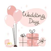 Rosa Box mit Paar Ringe, Geschenke und Ballon zum Hochzeit Tag vektor