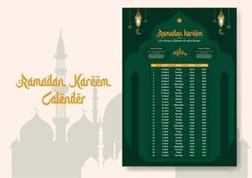 Ramadan Zeit Kalender 2023 mit Gebet mal im Ramadan. Ramadan Zeitplan - - Fasten, Iftar, und Gebet Zeitplan. islamisch Hintergrund Design mit Moschee und Lampe. vektor