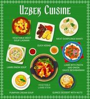 Usbekisch Küche Speisekarte, National Essen von Usbekistan vektor