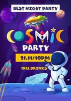 Raum kosmisch Party Flyer mit Tanzen Astronaut vektor