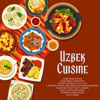 uzbekiska kök meny omslag, restaurang mat maträtter vektor