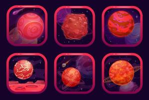 Raum Spiel App Symbole mit Galaxis rot Planeten vektor