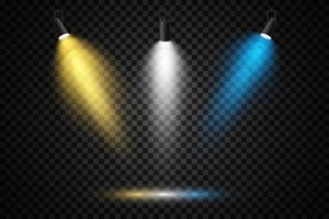 färgad spotlights på en transparent bakgrund. ljus belysning med strålkastare. strålkastare vit, blå, gul. vektor