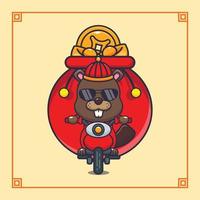 süß Biber Reiten ein Motorrad mit ein Menge von Gold im Chinesisch Neu Jahr. vektor