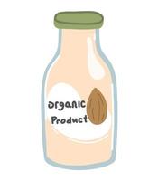 Vektor Illustration von vegan Milch, Symbol Flasche mit Vegetarier oder Pflanze basierend Milch, Mandel Milch im Karikatur eben Stil.