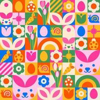 nahtlos Frühling Muster im Mosaik Stil zum glücklich Ostern. Hasen und Ostern Eier, Schnecken, Marienkäfer, Regenbögen und viele von Blumen. vektor