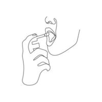 Frauen Hand mit Mund sprühen zum wund Kehle Infektion Behandlung oder frisch Atmung. Gesundheitswesen und medizinisch Konzept. Hand gezeichnet Vektor Illustration.