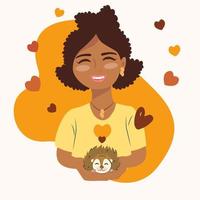 leende afrikansk flicka med en igelkott. vektor illustration för nationell sällskapsdjur månad, igelkott dag.