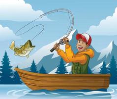 tecknad serie av man fiske i båt vektor