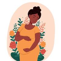 friska graviditet. skön gravid svart kvinna kramar henne mage. de begrepp av graviditet och moderskap. friska graviditet. vektor platt illustration.