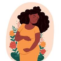 gesund Schwangerschaft. schön schwanger schwarz Frau Umarmungen ihr Bauch. das Konzept von Schwangerschaft und Mutterschaft. gesund Schwangerschaft. Vektor eben Illustration.