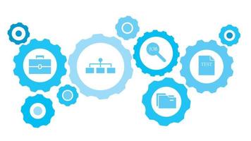 ansluten kugghjul och vektor ikoner för logistik, service, frakt, distribution, transport, marknadsföra, kommunicera begrepp. testa, fil redskap blå ikon uppsättning på vit bakgrund