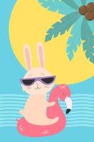 Sommer- süß Hase im Sonnenbrille auf Flamingo wasserdicht Gummi Ring. Vektor Illustration. tropisch Poster mit Charakter Hase Strand Tourist zum Design, drucken, Postkarten, Flyer, Karten.