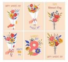 samling av hälsning kort eller vykort mallar. 8 Mars, internationell kvinnors dag. flicka kraft, feminism, systerskap begrepp. vektor