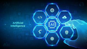 ai. artificiell intelligens. maskin inlärning begrepp. stor data analys. neuralt nätverk. trådmodell hand platser ett element in i en sammansättning visualisera artificiell intelligens. vektor illustration.