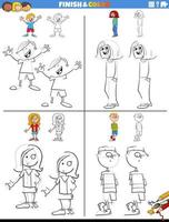 teckning och färg kalkylblad uppsättning med barn tecken vektor