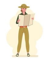 kvinna explorer eller safari resande stående i en bredbredd hatt. en flicka studerar en Karta. vektor isolerat platt illustration.