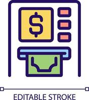 Geldautomat Pixel perfekt rgb Farbe Symbol. automatisiert Erzähler Maschine. Rückzug Kasse. finanziell Transaktionen. isoliert Vektor Illustration. einfach gefüllt Linie Zeichnung. editierbar Schlaganfall