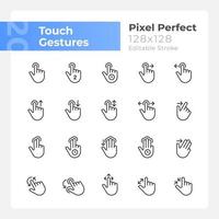 berühren Gesten Pixel perfekt linear Symbole Satz. Berührungssensitiver Bildschirm Kontrolle. anpassbar dünn Linie Symbole. isoliert Vektor Gliederung Illustrationen. editierbar Schlaganfall