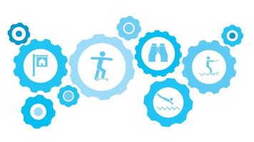 surfa hav redskap blå ikon uppsättning. abstrakt bakgrund med ansluten kugghjul och ikoner för logistik, service, frakt, distribution, transport, marknadsföra, kommunicera begrepp vektor