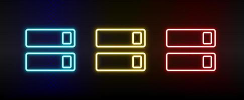ermöglichen, An, Schalter Neon- Symbol Satz. einstellen von Rot, Blau, Gelb Neon- Vektor Symbol auf dunkel transparent Hintergrund