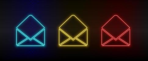neon ikon uppsättning e-post. uppsättning av röd, blå, gul neon vektor ikon på mörk transparent bakgrund
