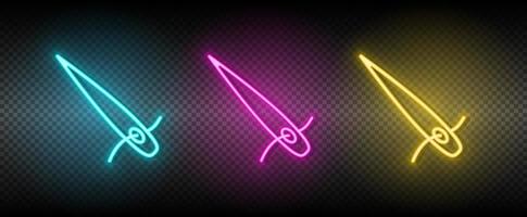 Nadel, nähen, Faden Vektor Symbol Gelb, Rosa, Blau Neon- Satz. Werkzeuge Vektor Symbol auf dunkel Transparenz Hintergrund