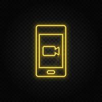 gul neon ikon mobil, kamera. transparent bakgrund. gul neon vektor ikon på mörk bakgrund