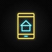 echt Nachlass Vektor Anwendung, Haus, Handy, Mobiltelefon. Illustration Neon- Blau, Gelb, rot Symbol einstellen